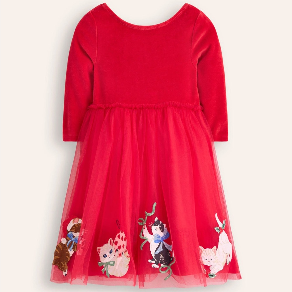 Mini Boden velvet tulle appliqué cat Christmas dress